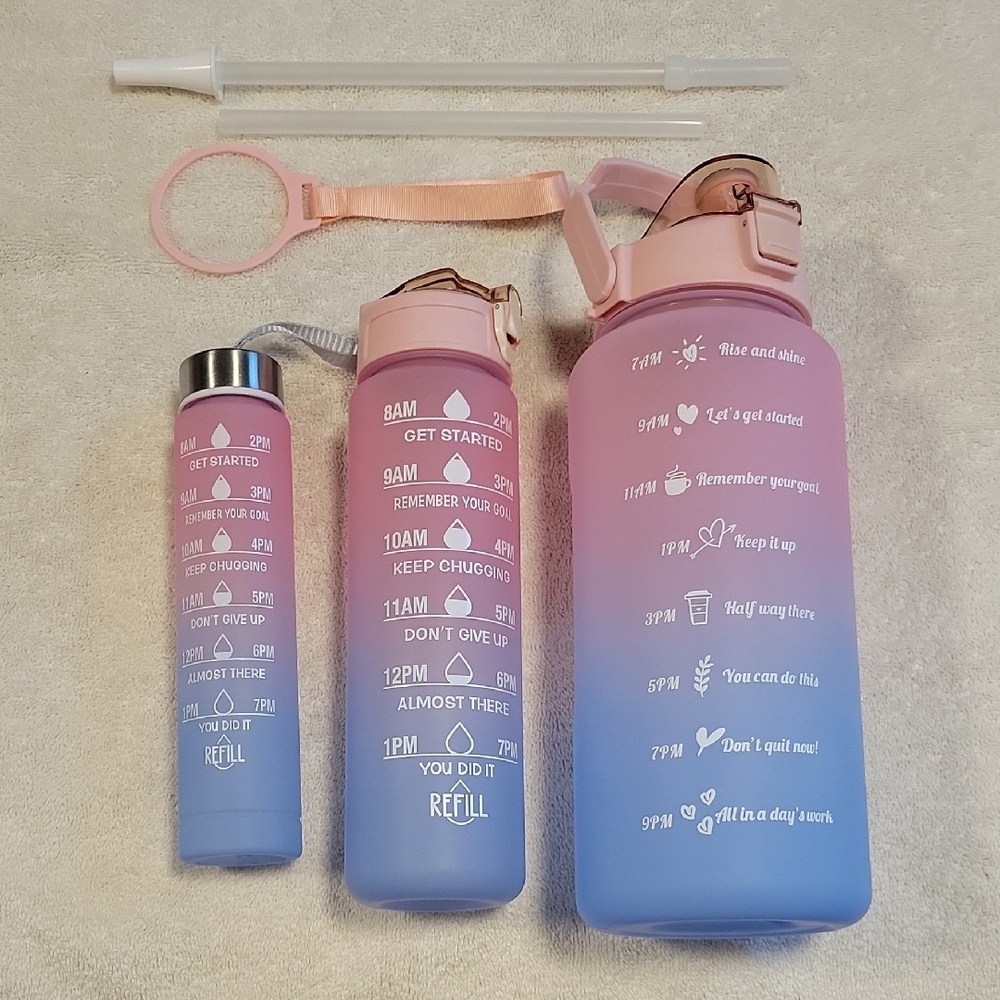 3pc Motivational Pink and Blue Gradient Water Bottle Set